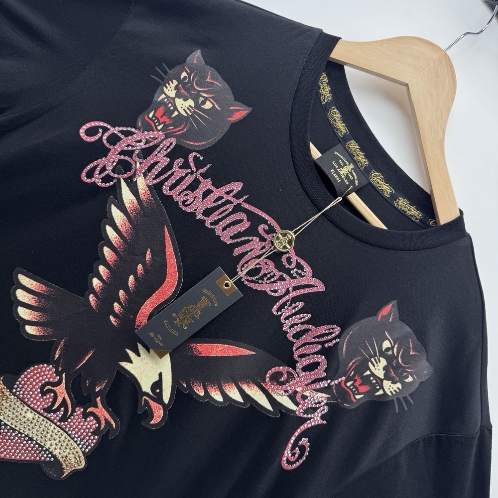 Christian Audigier Rhinestone Panther Eagle Tee Black Medium NWT
